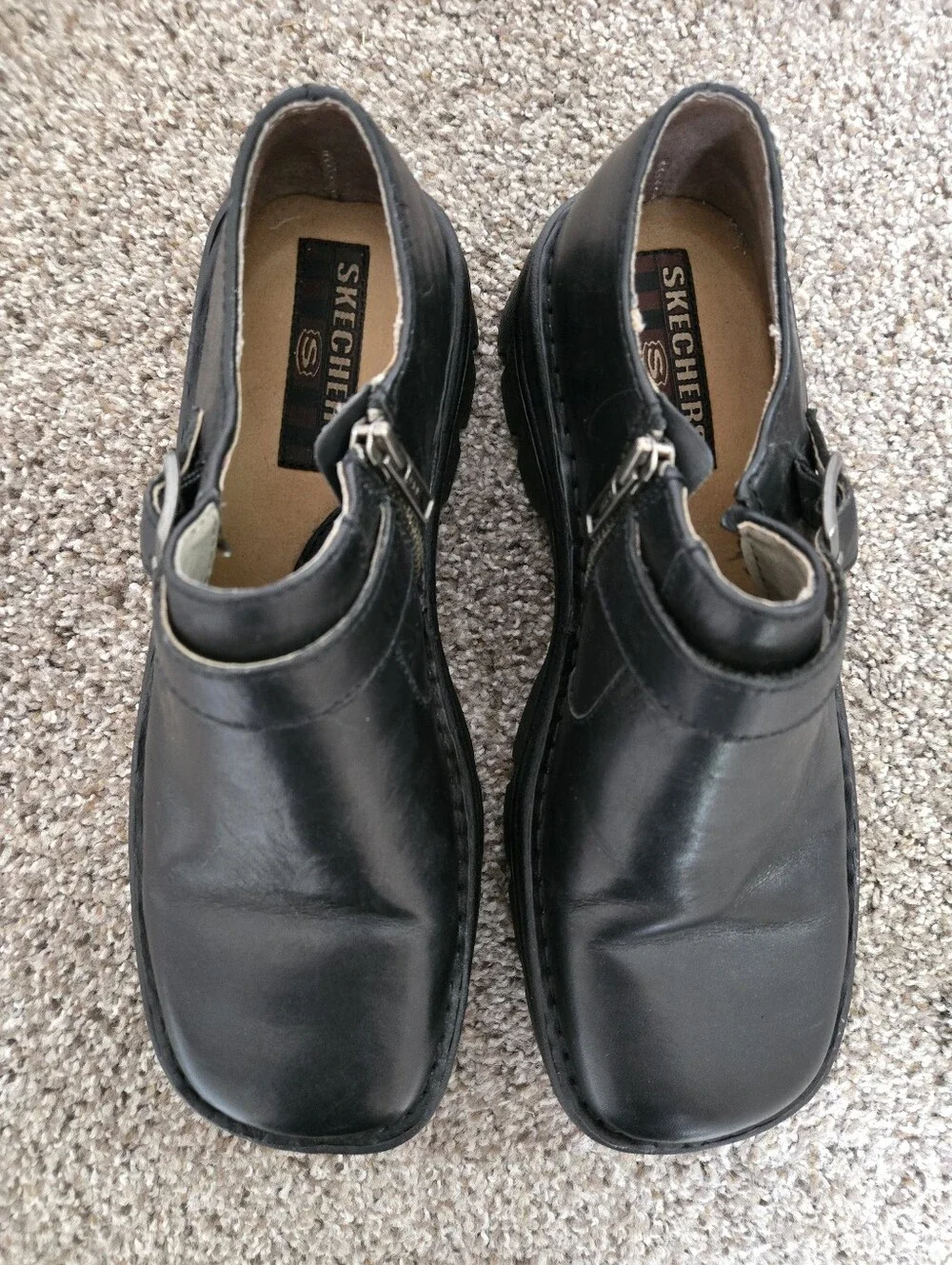 VTG Skechers Y2K Chunky Lug Sole Monk Strap Leather Loafers Women's 10 90s Goth